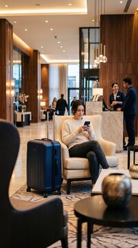 Solo female traveler using smartphone beside suitcase in hotel lounge with focused relaxed posture. Independent travel, mobile booking, transit relaxation concept.