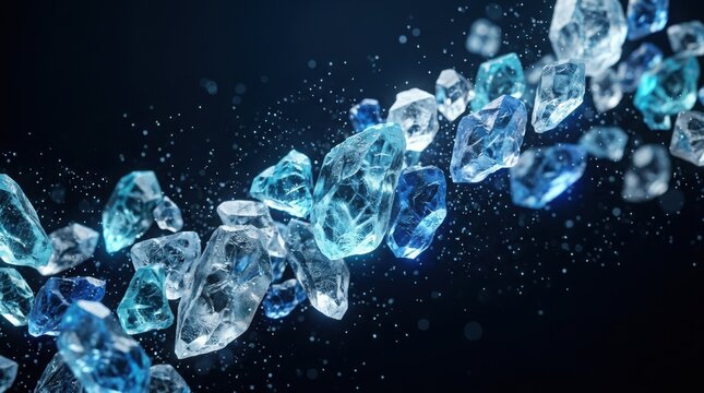 Blue crystal shards swirling in dark space with subtle light particles during a cosmic formation concept