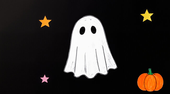 Naive hand-drawn illustration: ghost in a white sheet on black background. For cards, parties, classic Halloween.
