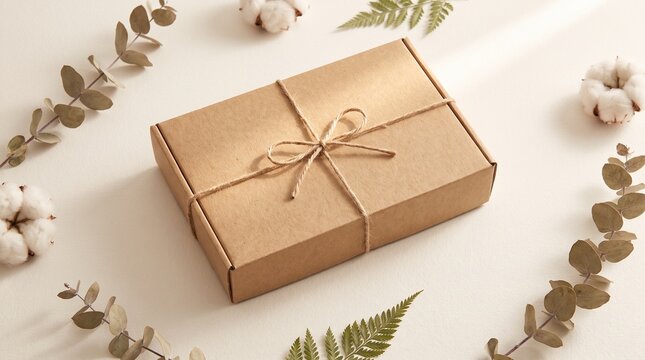 Eco-friendly brown kraft cardboard box tied with twine, surrounded by eucalyptus leaves, ferns, and cotton flowers on a beige background. Flat lay packaging mockup