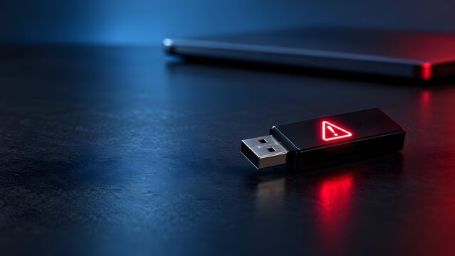 USB Flash Drive with Red Security Warning on Dark Desk, Removable Storage Threat, Malware Risk and Data Protection Concept