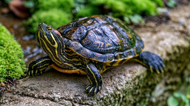 Red-eared slider turtle resting on a mossy rock in a lush garden with sharp focus and soft bokeh for wildlife education and environmental marketing