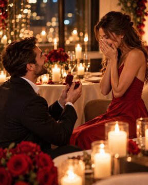 Young Adult Man Proposing with Engagement Ring to Surprised Woman at Candlelight Dinner