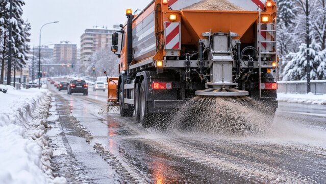 Municipal Salt Spreader Truck Treating Icy Road During Winter Weather