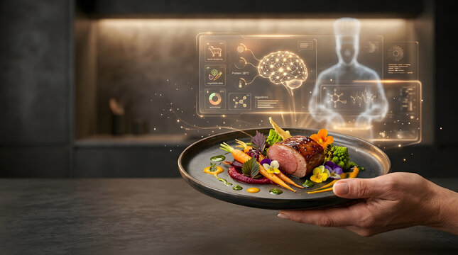 Innovative Artificial Intelligence Culinary Concept with Holographic Brain and Gourmet Food