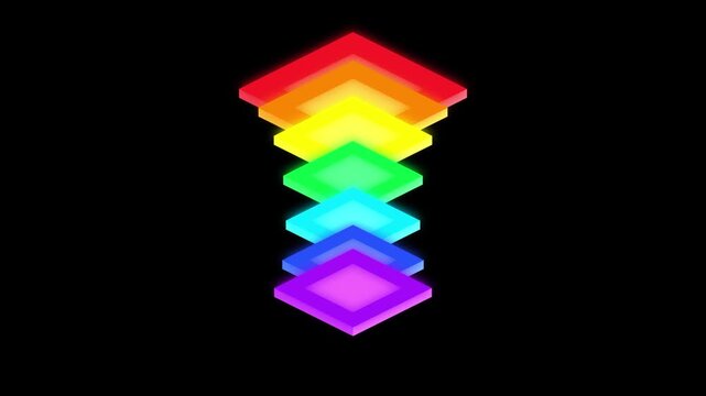 Abstract rainbow colored glowing square layers arranged in a descending isometric pyramid shape