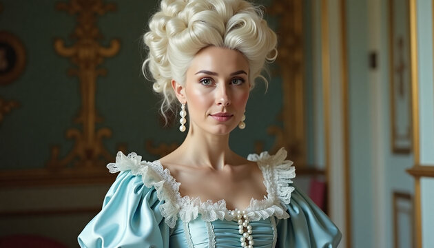Conceptual fantasy portrait of an elegant old times noblewoman with an elaborate blonde updo and a vintage blue satin gown in a luxury palace interior