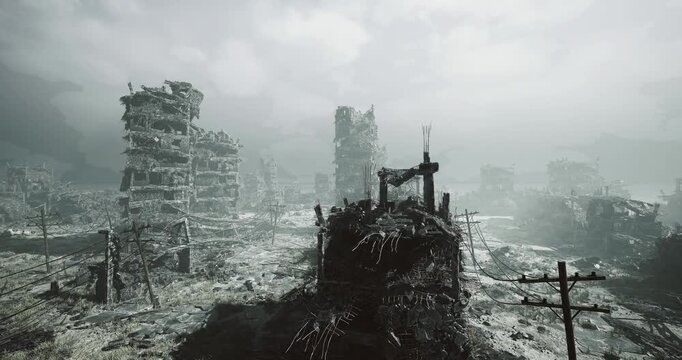 foggy ruined urban landscape dominated by fractured tower, cracked highways and leaning utility poles, search teams mapping safe corridors, sparse vegetation
