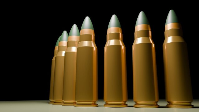 3D Rendering of M4 rifle cartridges lined up on glossy reflective surface symbolizing warfare and military conflict