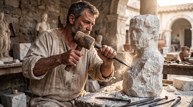 Ancient Roman sculptor carving stone bust using wooden mallet and iron chisel in classical workshop