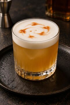 Amber cocktail in a heavy crystal glass with frothy foam on dark plate