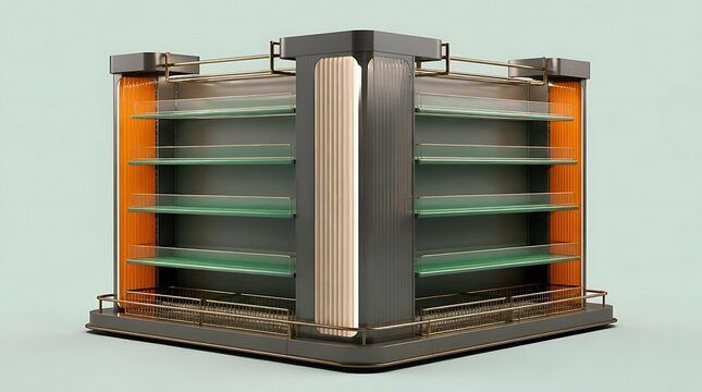 Luxury Retail Display Shelf with Gold Accents and Integrated Lighting, Empty Boutique Gondola Furniture for Product Presentation, Professional Store Fixture 3D Render for Merchandise Showcase