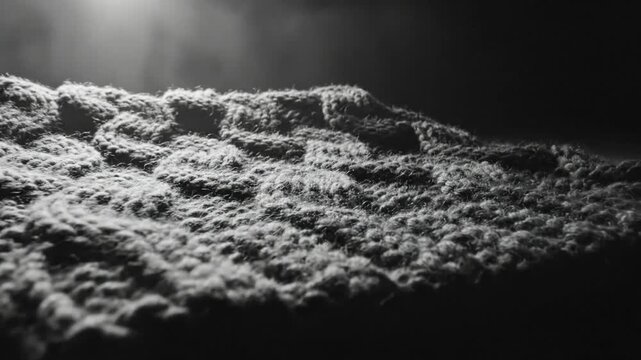 Low angle close-up shot of a textured knitted item in black and white with a subtle and elegant lighting effect