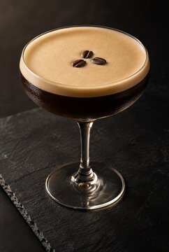 Espresso martini in a coupe glass on black stone surface