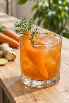Fresh Carrot and Ginger Juice with Ice in a Glass