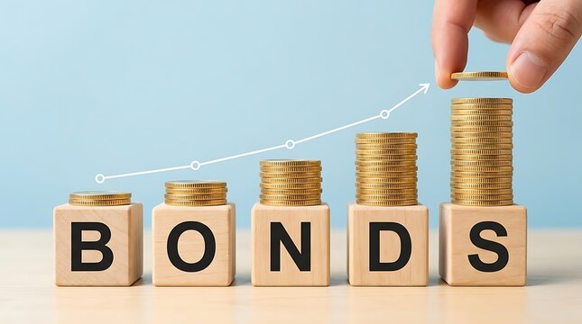 Investor hand adding coin to rising stacks on wooden letter tiles reading bonds under white growth arrow line symbolizing stable treasury and government securities.