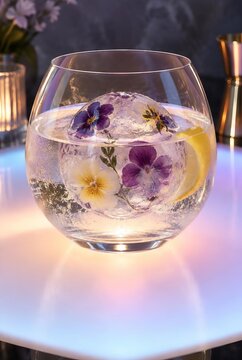 Floral ice sphere in a crystal cocktail glass with lemon slice garnish