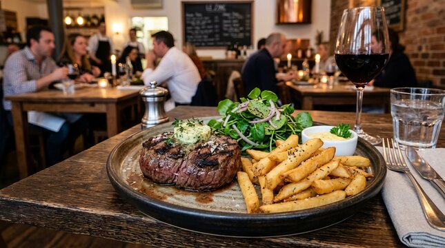 Gourmet grilled beef steak dinner with fries in a rustic restaurant