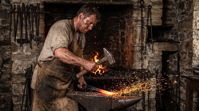 Medieval blacksmith hammering glowing hot iron on anvil with sparks flying in rustic stone forge workshop