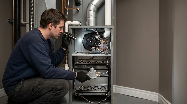 Technician inspecting furnace heating system burner assembly and checking gas valve with flashlight for professional home maintenance and repair service.