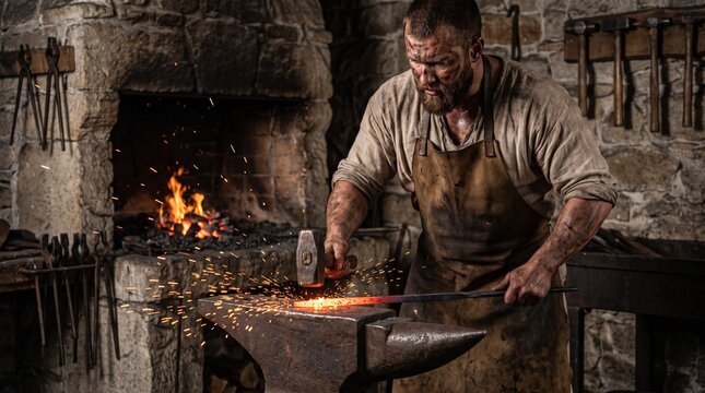 Bearded blacksmith forging red hot steel on anvil with hammer in historical forge with fire glowing