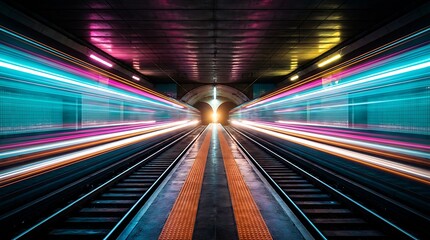 Fototapeta premium Long exposure light trails of fast moving subway trains in dark underground tunnel with glowing neon lights and railway tracks perspective view in station.