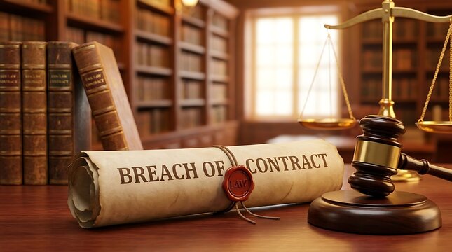 Ancient scroll with breach of contract text and red wax seal lying on polished desk in front of vintage law books bookcase and legal scales inside law firm.