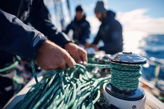 A close-up of hands turning the winch on a sailing yacht, with green and black colored rope being pulled from it.