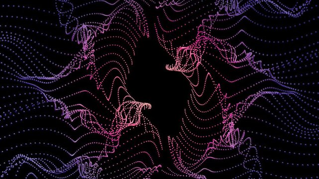 Swirling neon particle strands twisting around a central black void