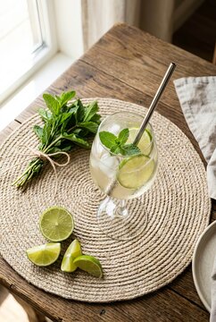 Refreshing citrus lime and mint cocktail in a glass on a wooden table