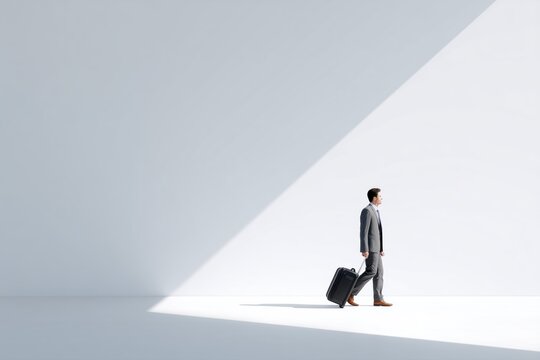 A businessman with a suitcase is walking in an empty white corridor, a concept for travel business and vacation planning.