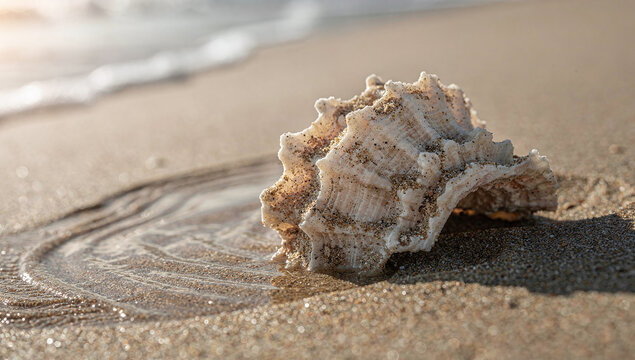 A textured seashell sits on wet sand at the beach with the ocean in the background