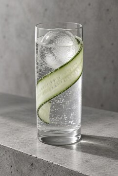 Refreshing cucumber gin and tonic cocktail with round ice cube in glass