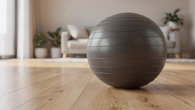 A dark grey exercise ball with textured bands rests on a wooden floor in a living room