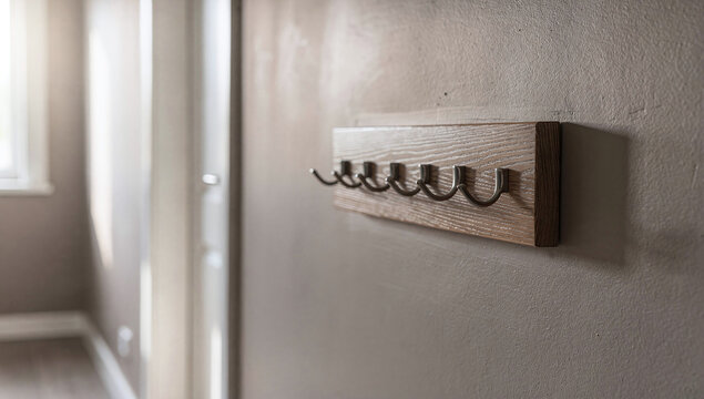 A wooden wall-mounted coat rack with metal hooks is attached to a textured wall in a hallway