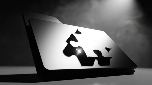 Abstract 3D Rendering of a Shiny Computer Folder with a Missing Puzzle Piece in a Dark Studio