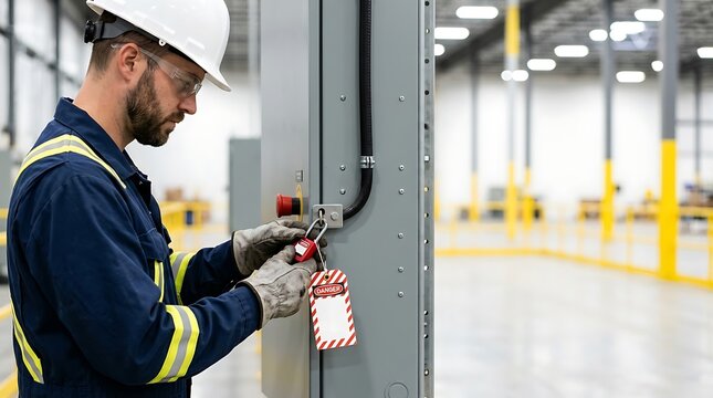 Industrial worker in protective helmet attaches lockout padlock with danger tag to electrical control panel box ensuring safety in warehouse environment.