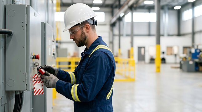 Industrial worker in protective helmet attaches lockout padlock with danger tag to electrical control panel box ensuring safety in warehouse environment.
