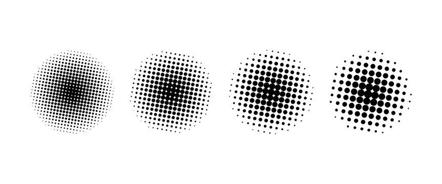 Set of four circular halftone dot gradients in black, each with varying density and shading. Minimalist abstract design perfect for printing