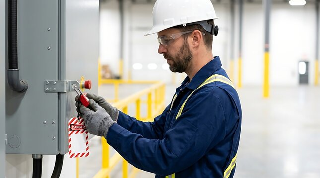 Industrial worker in protective helmet attaches lockout padlock with danger tag to electrical control panel box ensuring safety in warehouse environment.