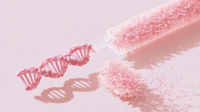 3D isometric medical diagram of a collagen gene mutation leading to fragile connective tissue, DNA helix connected to fiber structure