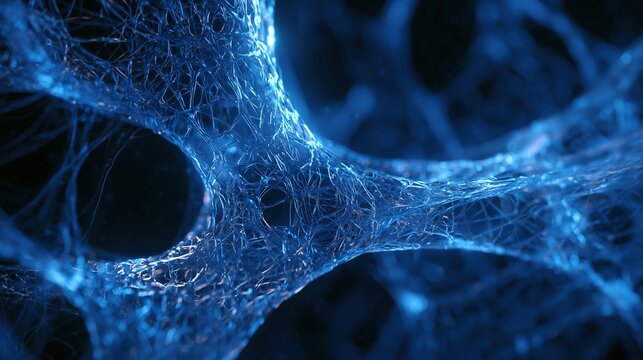 3D Octane render of collagen fibers, translucent and disorganized, glowing blue strands inside connective tissue, dark background