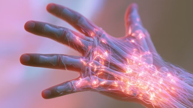 3D render of a translucent human hand with glowing collagen fibers inside the joints