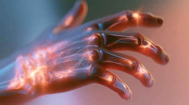 3D render of a translucent human hand with glowing collagen fibers inside the joints