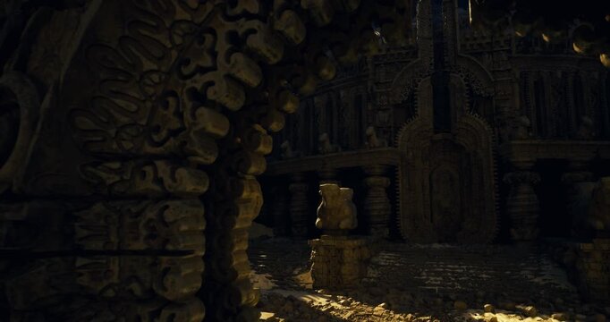 sunlit ruined courtyard with carved pillars, weathered statues and broken pedestals surrounding shallow pools, scattered debris and mossy stone, shafts of light