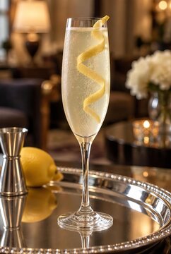 Sparkling cocktail in flute glass with lemon twist on silver tray