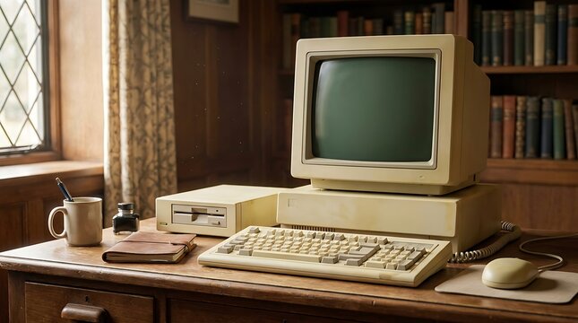 Vintage beige computer setup on wooden desk with floppy disk drive, keyboard, mouse, and inkwell, perfect for retro technology or office themes.