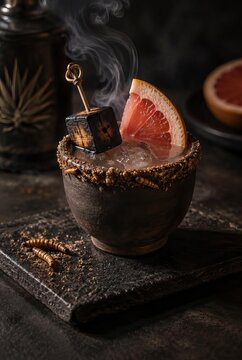 Smoked grapefruit cocktail in rustic ceramic cup with larvae garnish