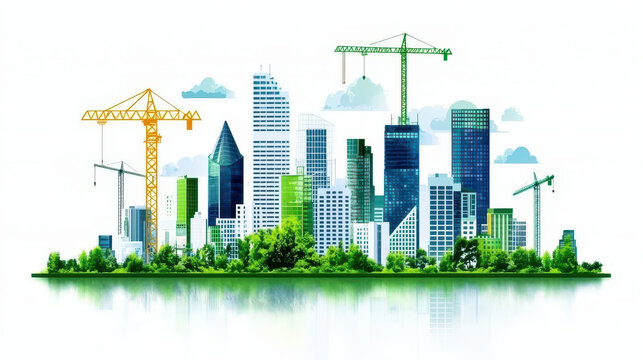 Vibrant city skyline featuring modern skyscrapers, construction cranes, and lush greenery reflects urban development and sustainability
