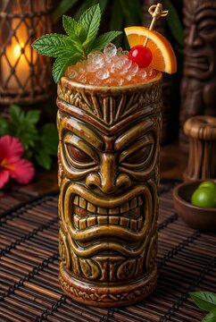 Tropical tiki cocktail with fresh mint and citrus in a ceramic mug